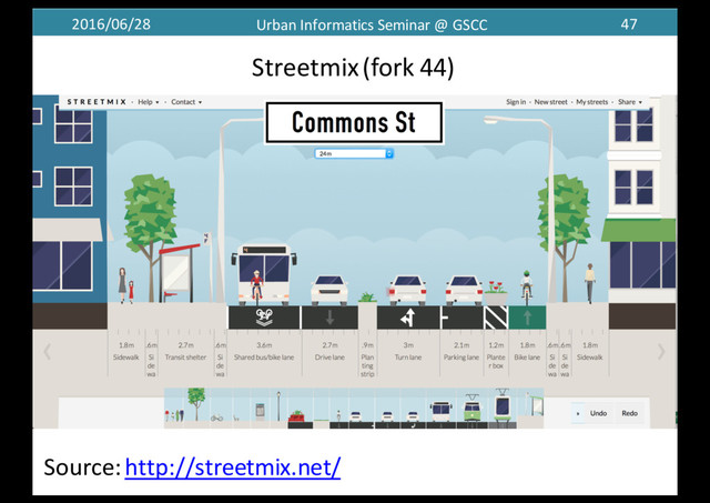 2016/06/28 Urban	  Informatics	  Seminar	  @	  GSCC 47
Streetmix(fork	  44)
Source:	  http://streetmix.net/
