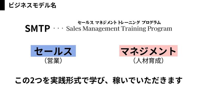 セールス
（営業）
マネジメント
（人材育成）
Sales Management Training Program
SMTP ・・・
セールス マネジメント トレーニング プログラム
この2つを実践形式で学び、稼いでいただきます
ビジネスモデル名 　
