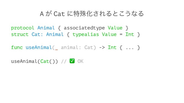 A ͕ Cat ʹಛघԽ͞ΕΔͱ͜͏ͳΔ
protocol Animal { associatedtype Value }
struct Cat: Animal { typealias Value = Int }
func useAnimal(_ animal: Cat) -> Int { ... }
useAnimal(Cat()) //
✅
OK
