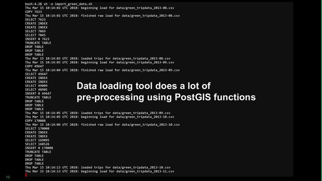 12
Data loading tool does a lot of
pre-processing using PostGIS functions

