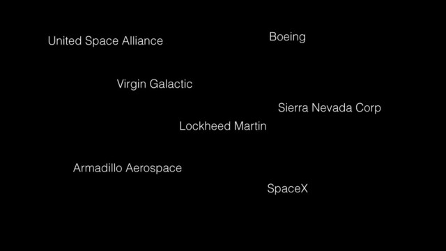 Lockheed Martin
Boeing
United Space Alliance
SpaceX
Armadillo Aerospace
Virgin Galactic
Sierra Nevada Corp
