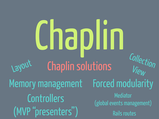 Chaplin
Chaplin solutions
Memory management Forced modularity
Rails routes
Mediator
(global events management)
Collection
View
Layout
Controllers
(MVP “presenters”)
