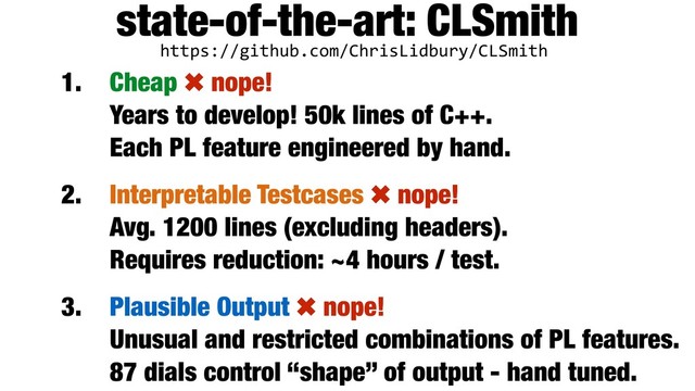 state-of-the-art: CLSmith
https://github.com/ChrisLidbury/CLSmith
1. Cheap ✖ nope! 
Years to develop! 50k lines of C++. 
Each PL feature engineered by hand.
2. Interpretable Testcases ✖ nope! 
Avg. 1200 lines (excluding headers). 
Requires reduction: ~4 hours / test.
3. Plausible Output ✖ nope! 
Unusual and restricted combinations of PL features. 
87 dials control “shape” of output - hand tuned.
