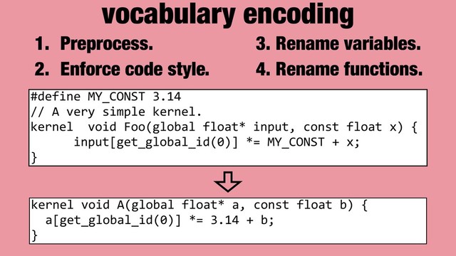 vocabulary encoding
#define MY_CONST 3.14
// A very simple kernel.
kernel void Foo(global float* input, const float x) {
input[get_global_id(0)] *= MY_CONST + x;
}
kernel void A(global float* a, const float b) {
a[get_global_id(0)] *= 3.14 + b;
}
1. Preprocess.
2. Enforce code style.
3. Rename variables.
4. Rename functions.
