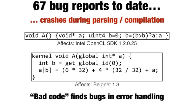 … crashes during parsing / compilation
67 bug reports to date…
void A() {void* a; uint4 b=0; b=(b>b)?a:a }
Affects: Intel OpenCL SDK 1.2.0.25
kernel void A(global int* a) {
int b = get_global_id(0);
a[b] = (6 * 32) + 4 * (32 / 32) + a;
}
Affects: Beignet 1.3
“Bad code” ﬁnds bugs in error handling
