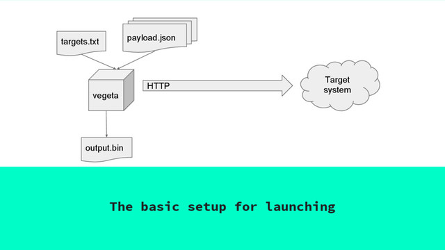 The basic setup for launching
vegeta
HTTP
Target
system
targets.txt payload.json
output.bin
