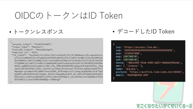 OIDCのトークンはID Token
• トークンレスポンス • デコードしたID Token
