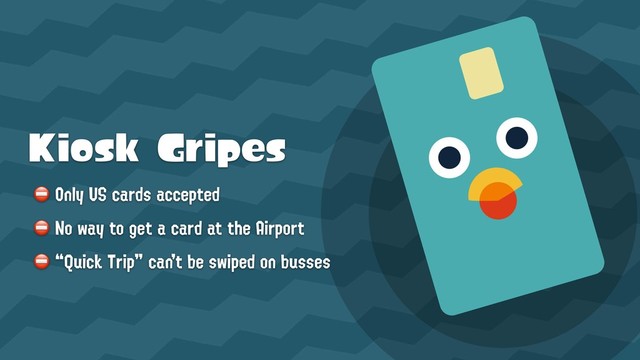 Kiosk Gripes
⛔ Only US cards accepted

⛔ No way to get a card at the Airport

⛔ “Quick Trip” can’t be swiped on busses
