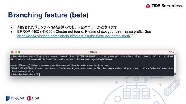 ● 削除されたブランチへ接続を試みても、下記のエラーが返されます
● ERROR 1105 (HY000): Cluster not found. Please check your user name prefix. See
https://docs.pingcap.com/tidbcloud/select-cluster-tier#user-name-prefix ”
Branching feature (beta)
