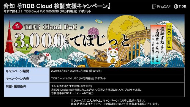 告知　『TiDB Cloud 検証支援キャンペーン』
今すぐ試そう！ TiDB Cloud PoC 3,000USD (40万円相当) デポジット
 
キャンペーン期間 2023年4月1日〜2023年9月30日 (最大10社)
キャンペーン内容 TiDB Cloud 3,000 USD (40万円相当) デポジット
対象・適用条件 下記条件を満たすお客様 (最大10社)　
①TiDB Dedicatedを使用したことがない、②導入を検討したいプロジェクトがある、
③検討事例/プロモーションへのご協力
※フォームにご入力の上、キャンペーンにお申し込みください。
審査結果およびキャンペーンの詳細について担当者より連絡いたします。
