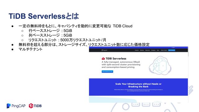 ● 一定の無料枠をもとに、キャパシティを動的に変更可能な TiDB Cloud
○ 行ベースストレージ : 5GiB
○ 列ベースストレージ : 5GiB
○ リクエストユニット : 5000万リクエストユニット /月
● 無料枠を超える部分は、ストレージサイズ、リクエストユニット数に応じた価格設定
● マルチテナント
TiDB Serverlessとは
