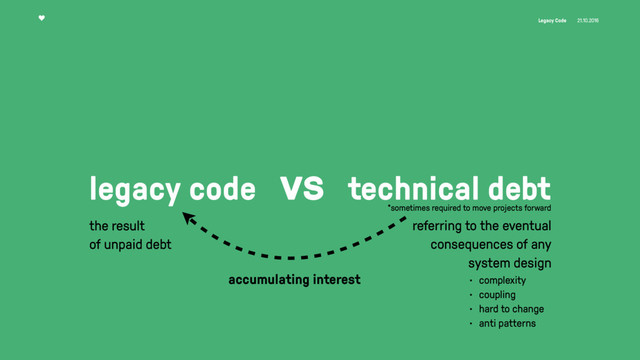 Legacy Code 21.10.2016
legacy code vs technical debt
accumulating interest
referring to the eventual
consequences of any
system design
the result
of unpaid debt
• complexity
• coupling
• hard to change
• anti patterns
*sometimes required to move projects forward
