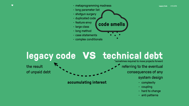 Legacy Code 21.10.2016
legacy code vs technical debt
accumulating interest
code smells
• metaprogramming madness
• long parameter list
• shotgun surgery
• duplicated code
• feature envy
• large class
• long method
• case statements
• complex conditionals
referring to the eventual
consequences of any
system design
the result
of unpaid debt
• complexity
• coupling
• hard to change
• anti patterns
*sometimes required to move projects forward
