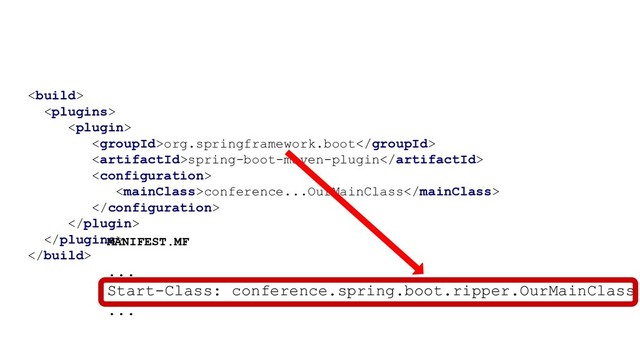 


org.springframework.boot
spring-boot-maven-plugin

conference...OurMainClass




MANIFEST.MF
...
Start-Class: conference.spring.boot.ripper.OurMainClass
...
