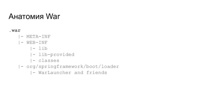 Анатомия War
.war
|- META-INF
|- WEB-INF
|- lib
|- lib-provided
|- classes
|- org/springframework/boot/loader
|- WarLauncher and friends
