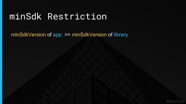@nisrulz
minSdkVersion of app >= minSdkVersion of library
minSdk Restriction
