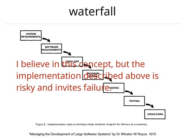 waterfall
“Managing the Development of Large Software Systems” by Dr Winston W Royce. 1970
I believe in this concept, but the
implementation described above is
risky and invites failure.

