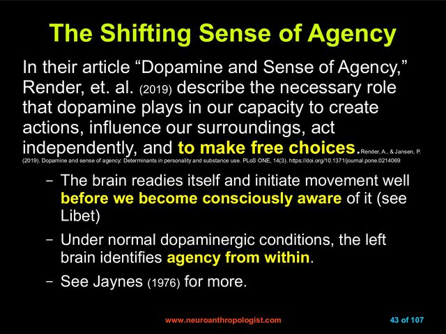 www.neuroanthropologist.com
www.neuroanthropologist.com 43 of 107
The Shifting Sense of Agency
The Shifting Sense of Agency
In their article “Dopamine and Sense of Agency,”
Render, et. al. (2019)
describe the necessary role
that dopamine plays in our capacity to create
actions, influence our surroundings, act
independently, and to make free choices.
Render, A., & Jansen, P.
(2019). Dopamine and sense of agency: Determinants in personality and substance use. PLoS ONE, 14(3). https://doi.org/10.1371/journal.pone.0214069
– The brain readies itself and initiate movement well
before we become consciously aware of it (see
Libet)
– Under normal dopaminergic conditions, the left
brain identifies agency from within.
– See Jaynes (1976) for more.
