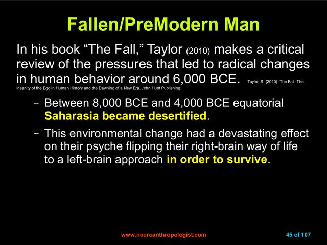 www.neuroanthropologist.com
www.neuroanthropologist.com 45 of 107
Fallen/PreModern Man
Fallen/PreModern Man
In his book “The Fall,” Taylor (2010)
makes a critical
review of the pressures that led to radical changes
in human behavior around 6,000 BCE.
Taylor, S. (2010). The Fall: The
Insanity of the Ego in Human History and the Dawning of a New Era. John Hunt Publishing.
– Between 8,000 BCE and 4,000 BCE equatorial
Saharasia became desertified.
– This environmental change had a devastating effect
on their psyche flipping their right-brain way of life
to a left-brain approach in order to survive.

