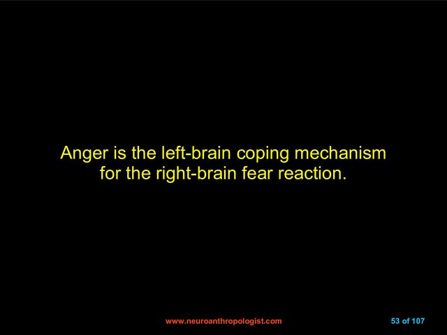 www.neuroanthropologist.com
www.neuroanthropologist.com 53 of 107
Anger is the left-brain coping mechanism
for the right-brain fear reaction.
