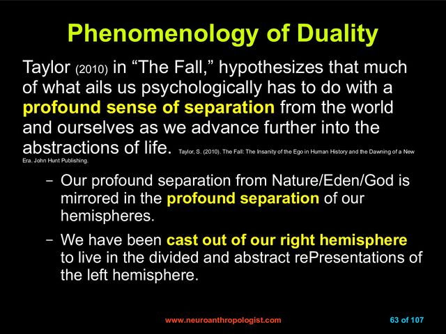 www.neuroanthropologist.com
www.neuroanthropologist.com 63 of 107
Phenomenology of Duality
Phenomenology of Duality
Taylor (2010)
in “The Fall,” hypothesizes that much
of what ails us psychologically has to do with a
profound sense of separation from the world
and ourselves as we advance further into the
abstractions of life.
Taylor, S. (2010). The Fall: The Insanity of the Ego in Human History and the Dawning of a New
Era. John Hunt Publishing.
– Our profound separation from Nature/Eden/God is
mirrored in the profound separation of our
hemispheres.
– We have been cast out of our right hemisphere
to live in the divided and abstract rePresentations of
the left hemisphere.
