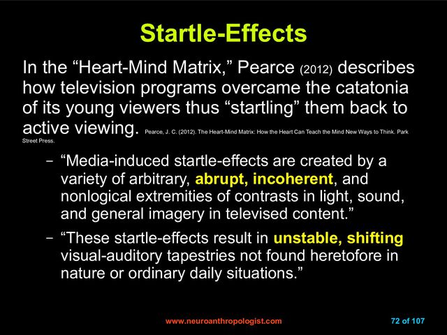 www.neuroanthropologist.com
www.neuroanthropologist.com 72 of 107
Startle-Effects
Startle-Effects
In the “Heart-Mind Matrix,” Pearce (2012)
describes
how television programs overcame the catatonia
of its young viewers thus “startling” them back to
active viewing.
Pearce, J. C. (2012). The Heart-Mind Matrix: How the Heart Can Teach the Mind New Ways to Think. Park
Street Press.
– “Media-induced startle-effects are created by a
variety of arbitrary, abrupt, incoherent, and
nonlogical extremities of contrasts in light, sound,
and general imagery in televised content.”
– “These startle-effects result in unstable, shifting
visual-auditory tapestries not found heretofore in
nature or ordinary daily situations.”
