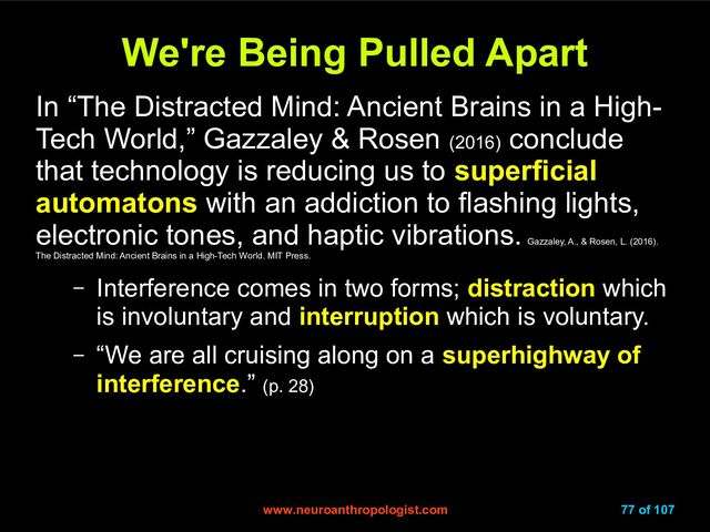 www.neuroanthropologist.com
www.neuroanthropologist.com 77 of 107
We're Being Pulled Apart
We're Being Pulled Apart
In “The Distracted Mind: Ancient Brains in a High-
Tech World,” Gazzaley & Rosen (2016)
conclude
that technology is reducing us to superficial
automatons with an addiction to flashing lights,
electronic tones, and haptic vibrations.
Gazzaley, A., & Rosen, L. (2016).
The Distracted Mind: Ancient Brains in a High-Tech World. MIT Press.
– Interference comes in two forms; distraction which
is involuntary and interruption which is voluntary.
– “We are all cruising along on a superhighway of
interference.” (p. 28)
