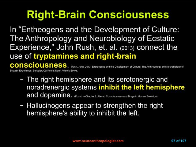 www.neuroanthropologist.com
www.neuroanthropologist.com 97 of 107
Right-Brain Consciousness
Right-Brain Consciousness
In “Entheogens and the Development of Culture:
The Anthropology and Neurobiology of Ecstatic
Experience,” John Rush, et. al. (2013)
connect the
use of tryptamines and right-brain
consciousness.
Rush, John. 2013. Entheogens and the Development of Culture: The Anthropology and Neurobiology of
Ecstatic Experience. Berkeley, California: North Atlantic Books.
– The right hemisphere and its serotonergic and
noradrenergic systems inhibit the left hemisphere
and dopamine.
(Found in Chapter 2: Altered Consciousness and Drugs in Human Evolution)
– Hallucinogens appear to strengthen the right
hemisphere's ability to inhibit the left.
