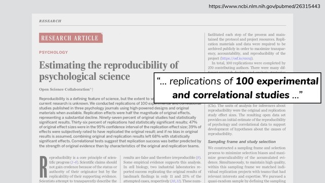 “… replications of 100 experimental
and correlational studies …”
https://www.ncbi.nlm.nih.gov/pubmed/26315443

