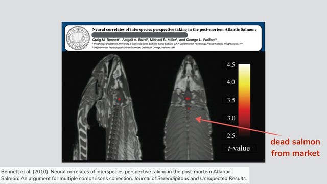 dead salmon
from market
Bennett et al. (2010). Neural correlates of interspecies perspective taking in the post-mortem Atlantic
Salmon: An argument for multiple comparisons correction. Journal of Serendipitous and Unexpected Results.
