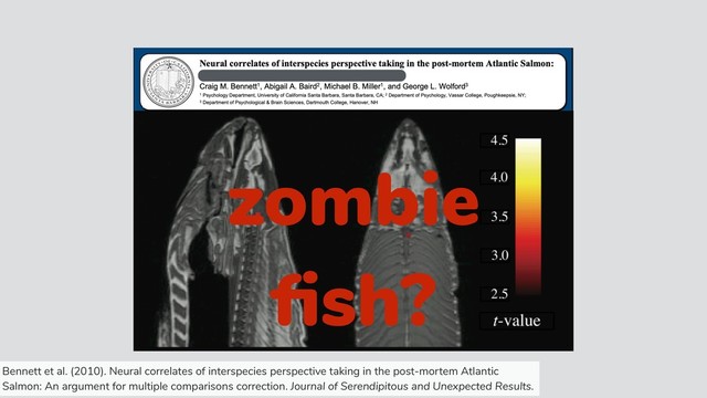 zombie
ﬁsh?
Bennett et al. (2010). Neural correlates of interspecies perspective taking in the post-mortem Atlantic
Salmon: An argument for multiple comparisons correction. Journal of Serendipitous and Unexpected Results.
