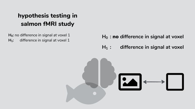 H01
: no difference in signal at voxel
H10
: no difference in signal at voxel
hypothesis testing in
salmon fMRI study
H0
: no difference in signal at voxel 1
H1
: difference in signal at voxel 1
