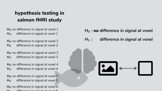 H01
: no difference in signal at voxel
H10
: no difference in signal at voxel
hypothesis testing in
salmon fMRI study
H0
: no difference in signal at voxel 1
H1
: difference in signal at voxel 1
H0
: no difference in signal at voxel 2
H1
: difference in signal at voxel 2
H0
: no difference in signal at voxel 3
H1
: difference in signal at voxel 3
H0
: no difference in signal at voxel 4
H1
: difference in signal at voxel 4
H0
: no difference in signal at voxel 5
H1
: difference in signal at voxel 5
H0
: no difference in signal at voxel 6
