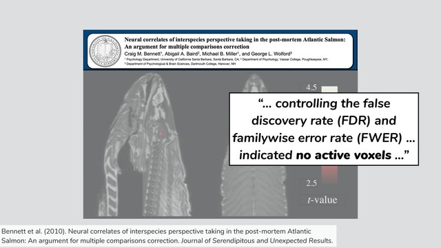 “… controlling the false
discovery rate (FDR) and
familywise error rate (FWER) …
indicated no active voxels …”
Bennett et al. (2010). Neural correlates of interspecies perspective taking in the post-mortem Atlantic
Salmon: An argument for multiple comparisons correction. Journal of Serendipitous and Unexpected Results.
