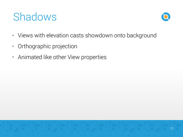 Shadows
13
• Views with elevation casts showdown onto background
• Orthographic projection
• Animated like other View properties
