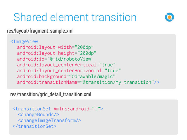 Shared element transition
48




res/transition/grid_detail_transition.xml

res/layout/fragment_sample.xml
