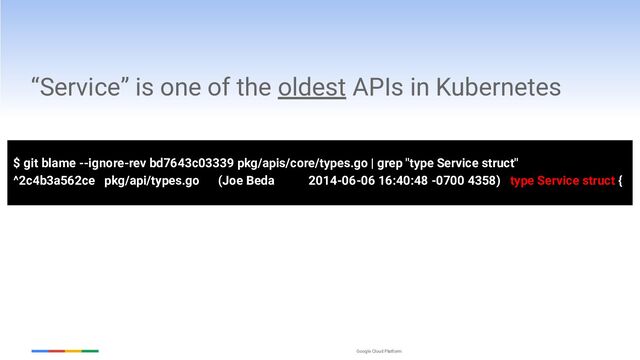 Google Cloud Platform
“Service” is one of the oldest APIs in Kubernetes
$ git blame --ignore-rev bd7643c03339 pkg/apis/core/types.go | grep "type Service struct"
^2c4b3a562ce pkg/api/types.go (Joe Beda 2014-06-06 16:40:48 -0700 4358) type Service struct {
