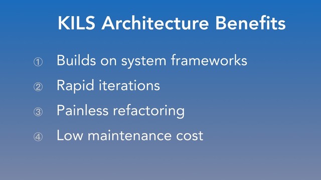 What were my problems, or…
KILS Architecture Beneﬁts
Builds on system frameworks
ɠ
Rapid iterations
ɡ
Painless refactoring
ɢ
Low maintenance cost
ɣ
