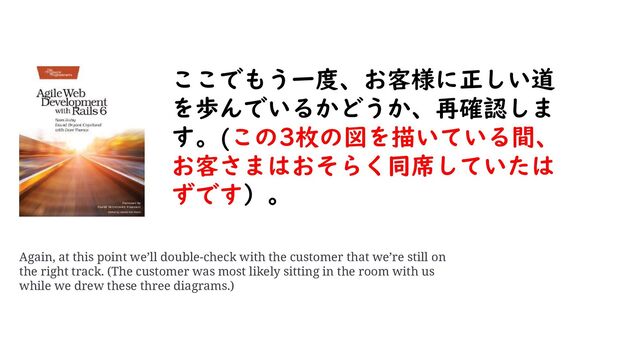Again, at this point we’ll double-check with the customer that we’re still on
the right track. (The customer was most likely sitting in the room with us
while we drew these three diagrams.)
ここでもう一度、お客様に正しい道
を歩んでいるかどうか、再確認しま
す。(この3枚の図を描いている間、
お客さまはおそらく同席していたは
ずです）。
