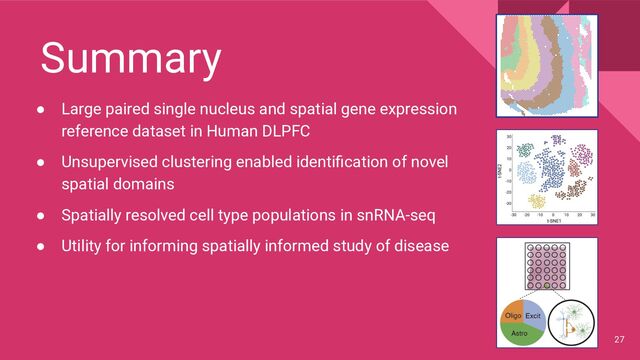 Summary
● Large paired single nucleus and spatial gene expression
reference dataset in Human DLPFC
● Unsupervised clustering enabled identiﬁcation of novel
spatial domains
● Spatially resolved cell type populations in snRNA-seq
● Utility for informing spatially informed study of disease
27
