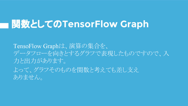 関数としてのTensorFlow Graph
TensoFlow Graphは、演算の集合を、
データフローを向きとするグラフで表現したものですので、入
力と出力があります。
よって、グラフそのものを関数と考えても差し支え
ありません。

