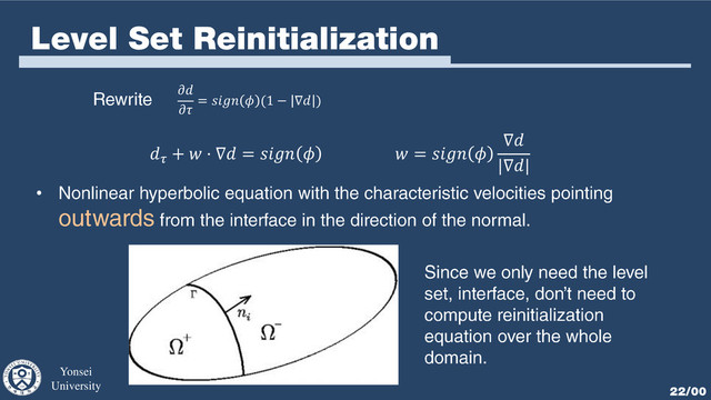 Yonsei
University 22/00
Level Set Reinitialization


=   (1 − ∇ )

+  ⋅ ∇ =    =  
∇
|∇|
•
