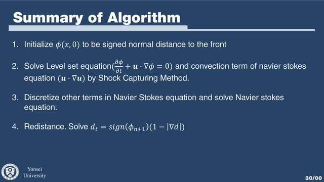 Yonsei
University 30/00
Summary of Algorithm
(, 0)
(

+  ⋅ ∇ = 0)
( ⋅ ∇)

=  +1
(1 − ∇ )
