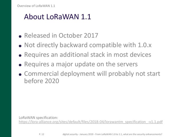 About LoRaWAN 1.1
Released in October 2017
Not directly backward compatible with 1.0.x
Requires an additional stack in most devices
Requires a major update on the servers
Commercial deployment will probably not start
before 2020
LoRaWAN specification:
https://lora-alliance.org/sites/default/files/2018-04/lorawantm_specification_-v1.1.pdf
Overview of LoRaWAN 1.1
P. 12 digital.security - January 2019 - From LoRaWAN 1.0 to 1.1, what are the security enhancements?
