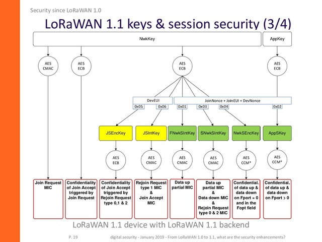 LoRaWAN 1.1 keys & session security (3/4)
Security since LoRaWAN 1.0
P. 19 digital.security - January 2019 - From LoRaWAN 1.0 to 1.1, what are the security enhancements?
LoRaWAN 1.1 device with LoRaWAN 1.1 backend
