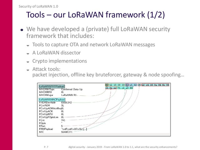 Tools – our LoRaWAN framework (1/2)
We have developed a (private) full LoRaWAN security
framework that includes:
 Tools to capture OTA and network LoRaWAN messages
 A LoRaWAN dissector
 Crypto implementations
 Attack tools:
packet injection, offline key bruteforcer, gateway & node spoofing…
Security of LoRaWAN 1.0
digital.security - January 2019 - From LoRaWAN 1.0 to 1.1, what are the security enhancements?
P. 7
