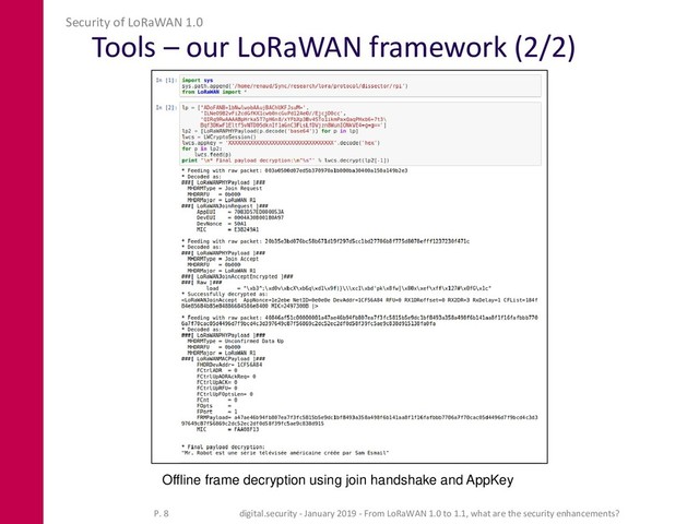 Tools – our LoRaWAN framework (2/2)
Security of LoRaWAN 1.0
digital.security - January 2019 - From LoRaWAN 1.0 to 1.1, what are the security enhancements?
P. 8
Offline frame decryption using join handshake and AppKey
