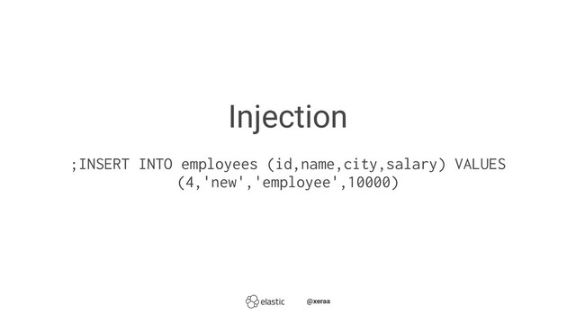 Injection
;INSERT INTO employees (id,name,city,salary) VALUES
(4,'new','employee',10000)
̴̴@xeraa
