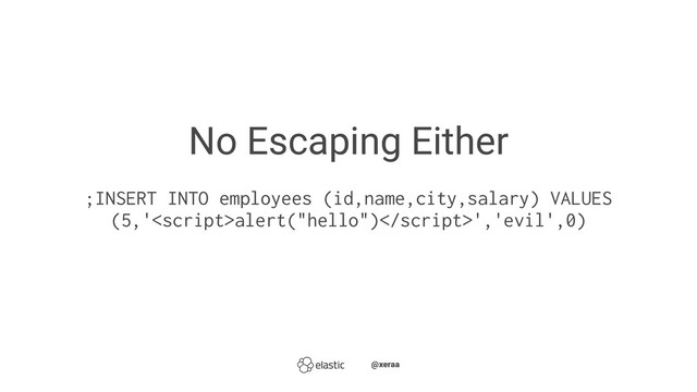 No Escaping Either
;INSERT INTO employees (id,name,city,salary) VALUES
(5,'alert("hello")','evil',0)
̴̴@xeraa
