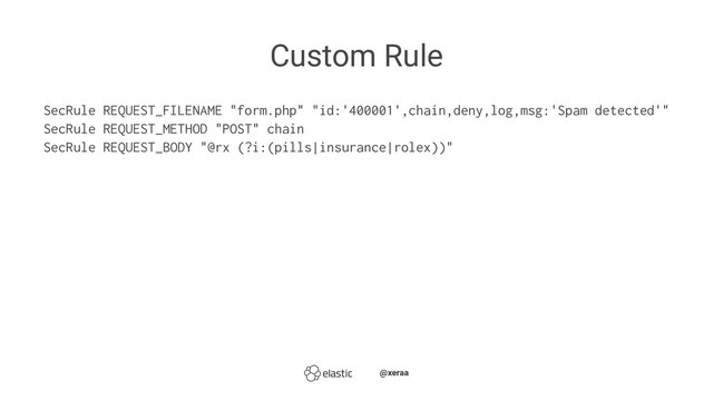 Custom Rule
SecRule REQUEST_FILENAME "form.php" "id:'400001',chain,deny,log,msg:'Spam detected'"
SecRule REQUEST_METHOD "POST" chain
SecRule REQUEST_BODY "@rx (?i:(pills|insurance|rolex))"
̴̴@xeraa
